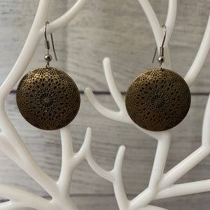 Medallion stamped metal mandala tarnished earrings